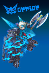 Rule 34 | 1boy, armor, axe, black background, blue background, blue eyes, character name, clenched hand, clenched teeth, dragon: marked for death, facial mark, gradient background, highres, holding, holding axe, iikoao, knight, red eyes, shield, short hair, simple background, solo, teeth, warrior (dmfd), white hair