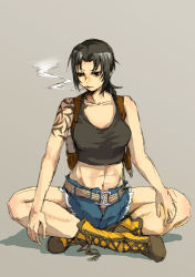 Rule 34 | 1girl, abs, belt, black hair, black lagoon, boots, breasts, brown eyes, cigarette, combat boots, crop top, gun, handgun, holster, indian style, long hair, midriff, n-mori, open fly, pistol, ponytail, revy (black lagoon), shoulder holster, shoulder tattoo, sitting, smoking, solo, tank top, tattoo, unzipped, weapon