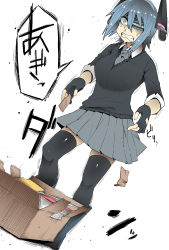 Rule 34 | 10s, 1girl, atumi20jp, blue hair, boots, box, cardboard box, clenched teeth, drooling, eyepatch, fingerless gloves, gloves, headgear, highres, kantai collection, necktie, notebook, pain, pleated skirt, runny nose, school uniform, short hair, skirt, snot, solo, tears, teeth, tenryuu (kancolle), thighhighs, turn pale, yellow eyes, yonyon (yotayota honpo)