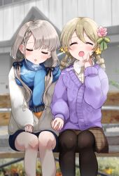 Rule 34 | 2girls, bench, blurry, blurry background, blush, brown hair, cardigan, closed eyes, commentary request, flower, grey hair, hair between eyes, hair flower, hair ornament, heavy breathing, highres, hisakawa nagi, holding hands, idolmaster, idolmaster cinderella girls, low twintails, medium hair, morikubo nono, multiple girls, open mouth, pantyhose, paopao, scarf, sitting, tears, twintails