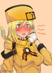 Rule 34 | 1girl, ashiomi masato, blonde hair, blue eyes, blush, breasts, coat, fingerless gloves, gloves, guilty gear, hand on own face, hat, long hair, millia rage, open mouth, orange hat, parted bangs, simple background, solo, sweatdrop, upper body, white gloves, yellow coat, yellow hat