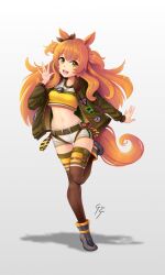 Rule 34 | 1girl, :d, absurdres, animal ears, black jacket, black thighhighs, commentary, crop top, full body, gaijingiri, gradient background, grey background, hand up, highres, horse ears, jacket, long hair, long sleeves, looking at viewer, mayano top gun (umamusume), midriff, navel, open clothes, open jacket, open mouth, orange hair, shoes, short shorts, shorts, smile, solo, standing, standing on one leg, stomach, tail, thighhighs, thighs, two side up, umamusume, very long hair, white shorts, yellow eyes