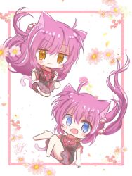 Rule 34 | 2girls, :p, ahoge, animal ears, belt collar, black jacket, blue eyes, blush, bow, cat ears, cat girl, cat tail, chibi, closed mouth, collar, commentary request, falling, fang, floral background, flower, futaki kanata, grey skirt, hair between eyes, hair bobbles, hair ornament, highres, jacket, jitome, little busters!, little busters! school uniform, long hair, looking at viewer, miniskirt, multiple girls, one side up, open mouth, paw pose, pink bow, pink flower, plaid, plaid skirt, purple hair, saigusa haruka, school uniform, short sleeves, siblings, side ponytail, signature, simple background, sisters, skin fang, skirt, smile, tail, tongue, tongue out, twins, utuigawa, very long hair, white background, yellow eyes
