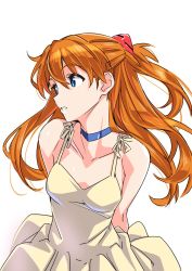 Rule 34 | 1girl, arms behind back, bare shoulders, blue eyes, breasts, choker, collarbone, dress, hair between eyes, hair ornament, highres, long hair, looking to the side, medium breasts, neon genesis evangelion, orange hair, parted lips, simple background, solo, souryuu asuka langley, sundress, suzutsuki kurara, two side up, upper body, white background, white dress