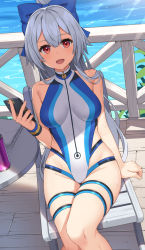 Rule 34 | 1girl, bare shoulders, blue bow, blue one-piece swimsuit, bow, breasts, fate/grand order, fate (series), hair between eyes, hair bow, highleg, highleg swimsuit, highres, large breasts, long hair, looking at viewer, one-piece swimsuit, open mouth, ponytail, red eyes, silver hair, sitting, smile, solo, suiroh (shideoukami), swimsuit, thigh strap, thighs, tomoe gozen (fate), tomoe gozen (swimsuit saber) (fate), tomoe gozen (swimsuit saber) (first ascension) (fate), two-tone swimsuit, white one-piece swimsuit