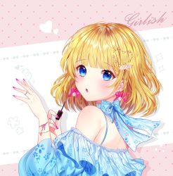 Rule 34 | 1girl, absurdres, bad id, bad pixiv id, bare shoulders, blonde hair, blue eyes, blue shirt, blush, bow, bow earrings, commentary request, earrings, fingernails, floral print, hair ornament, hands up, heart, heart hair ornament, highres, holding, jewelry, long sleeves, looking at viewer, looking to the side, nail polish, off-shoulder shirt, off shoulder, original, parted lips, pearl hair ornament, print shirt, puffy long sleeves, puffy sleeves, purple bow, purple nails, seno (senohime), shirt, solo, star (symbol), teeth, upper body, upper teeth only