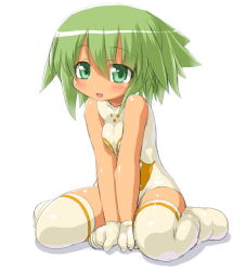 Rule 34 | 10s, 1girl, :d, bad id, bad pixiv id, bare shoulders, between legs, blush, busou shinki, dd (ijigendd), doll joints, gloves, green eyes, green hair, joints, looking at viewer, maochao, matching hair/eyes, open mouth, short hair, simple background, sitting, smile, solo, thighhighs, v arms, wariza, white background, white thighhighs