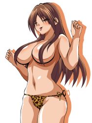 Rule 34 | 00s, 1girl, animal print, blush, breasts, brown eyes, brown hair, convenient censoring, eyes visible through hair, hair censor, hair over breasts, highres, ichigo 100 percent, inabakun00, kitaooji satsuki, large breasts, leopard print panties, long hair, looking at viewer, navel, open mouth, panties, side-tie panties, silhouette, simple background, smile, solo, standing, tongue, tongue out, topless, underwear, white background