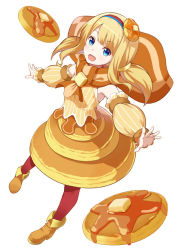Rule 34 | 1girl, blonde hair, blue eyes, butter, cape, detached sleeves, food, food-themed clothes, food-themed hair ornament, full body, hair ornament, hairband, huyumitsu, long hair, looking at viewer, morinaga (brand), orange footwear, orange skirt, original, outstretched arms, pancake, pantyhose, personification, red pantyhose, shirt, shoes, skirt, sleeveless, sleeveless shirt, smile, solo, spread arms, standing, striped clothes, striped shirt, twintails, white background, yellow shirt