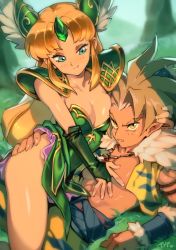 Rule 34 | 1boy, 1girl, armor, ass grab, blonde hair, breasts, bridal gauntlets, cleavage, hand on own chest, kevin (seiken densetsu 3), looking at viewer, lying, on back, optionaltypo, pointy ears, riesz, seiken densetsu, seiken densetsu 3, shoulder armor, smile, square enix, winged hair ornament