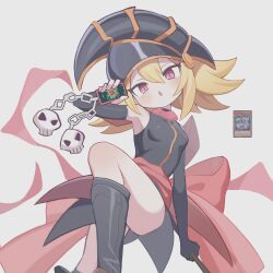 Rule 34 | 1girl, absurdres, aged down, atat250, bare legs, bare shoulders, black footwear, blonde hair, breasts, chain, charm (object), duel monster, gagaga girl, hat, highres, holding, leg up, looking at viewer, open mouth, phone, pink scarf, red eyes, scarf, simple background, skull ornament, small breasts, solo, witch hat, yu-gi-oh!, yu-gi-oh! zexal