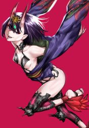 Rule 34 | 1girl, anuttsuii, ass, bare shoulders, barefoot, breasts, eyeliner, fate/grand order, fate (series), hair ornament, highres, horns, japanese clothes, kimono, looking at viewer, makeup, oni, pink background, purple eyes, purple hair, short hair, shuten douji (fate), simple background, skin-covered horns, slit pupils, solo