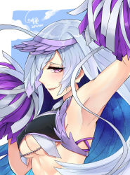 Rule 34 | 1girl, armpits, blush, breasts, brynhildr (cheer for master) (fate), brynhildr (fate), cheerleader, covered erect nipples, crop top, crop top overhang, dated, fate/grand order, fate (series), from side, highres, looking at viewer, looking to the side, medium breasts, parted lips, pink eyes, pom pom (cheerleading), profile, silver hair, smile, solo, underboob, upper body, winged hair ornament, yorei (death0813)