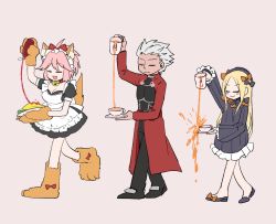 Rule 34 | 1boy, 2girls, :d, abigail williams (fate), animal ear fluff, animal ears, animal hands, apron, archer (fate), arm up, black bow, black dress, black footwear, black headwear, blonde hair, bow, brown background, brown footwear, brown gloves, closed eyes, closed mouth, commentary request, cup, dark-skinned male, dark skin, decantering, dress, failure, fate/grand order, fate/stay night, fate (series), food, fox ears, fox girl, fox tail, frilled apron, frills, gloves, grey hair, hair bow, hair flaps, hat, holding, holding plate, holding saucer, jacket, kaneda tamago, ketchup, long hair, long sleeves, maid apron, maid headdress, multiple girls, omelet, omurice, open mouth, orange bow, paw gloves, paw shoes, pink hair, plate, pouring, puffy short sleeves, puffy sleeves, red jacket, saucer, shoes, short dress, short sleeves, sidelocks, simple background, sleeves past wrists, smile, tail, tamamo (fate), tamamo cat (fate), tamamo cat (second ascension) (fate), tea, teacup, very long hair, white apron