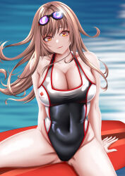 Rule 34 | 1girl, absurdres, arm support, bare shoulders, black one-piece swimsuit, breasts, cleavage, closed mouth, collarbone, covered navel, g gameramiki, gluteal fold, goddess of victory: nikke, goggles, goggles on head, highres, large breasts, light brown hair, long hair, official alternate costume, one-piece swimsuit, orange eyes, rapi (classic vacation) (nikke), rapi (nikke), sitting, smile, solo, swimsuit, very long hair, water, white one-piece swimsuit, wide hips