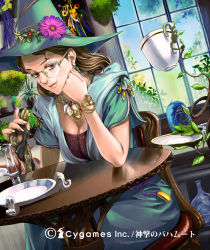 Rule 34 | 10s, 1girl, breasts, brown eyes, brown hair, head rest, cleavage, cup, dress, dutch angle, earrings, forest witch, glasses, greenhouse, hat, highres, jewelry, large breasts, lipstick, long hair, makeup, nakano tomokazu, nose, original, plant, rimless eyewear, shingeki no bahamut, sitting, smile, solo, staff, teacup, witch hat