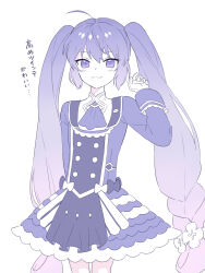 Rule 34 | 1girl, ahoge, alternate costume, arm behind back, ascot, blue ascot, blue bow, blue dress, blue hair, bow, buttons, closed mouth, double-breasted, dress, frilled dress, frilled sleeves, frills, gloves, gradient hair, hair between eyes, hair ornament, highres, long hair, long sleeves, looking at viewer, low-braided long hair, low-tied long hair, multicolored hair, otomachi una, pink hair, purple eyes, solo, suiso sn3, twintails, vocaloid, white background, white bow, white gloves