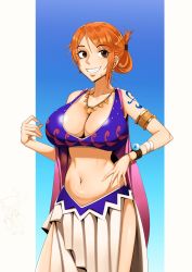 Rule 34 | 1girl, absurdres, antlers, breasts, brown eyes, cleavage, grin, highres, horns, kevbot, large breasts, nami (one piece), one piece, orange hair, smile, solo, standing, tattoo