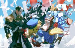 Rule 34 | 2boys, absurdres, acid (t566cs7a), adventurer (ff14), ascot, balloon, barding, belt, bird, black coat, black footwear, black hair, black robe, blue headwear, blue sky, boots, bouquet, box, brown hair, buttons, chinese commentary, chocobo, closed eyes, coat, collared coat, commentary request, day, dutch angle, emet-selch, envelope, epaulettes, expressionless, falling, feet out of frame, final fantasy, final fantasy xiv, flower, flying, fringe trim, from side, fur-trimmed coat, fur trim, garlean, gloves, hand on another&#039;s head, hat, heart-shaped box, highres, hug, long sleeves, male focus, mask, mask around neck, unworn mask, motion blur, mouth hold, multicolored hair, multiple boys, outdoors, parted bangs, pouch, red flower, red ribbon, red rose, reins, ribbon, robe, rose, saddle, scroll, short hair, sky, two-tone hair, valentine, warrior of light (ff14), white ascot, white bird, white gloves, white hair, yaoi