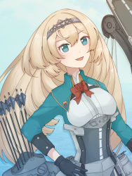 Rule 34 | 1girl, arrow (projectile), black gloves, blonde hair, blue eyes, bow (weapon), flower, gloves, hair between eyes, hairband, holding, holding bow (weapon), holding weapon, kamoku nagi, kantai collection, long hair, long sleeves, neck ribbon, open mouth, quiver, red flower, red ribbon, red rose, ribbon, rose, smile, solo, tiara, upper body, victorious (kancolle), weapon