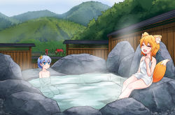 Rule 34 | 2girls, animal ear fluff, animal ears, asymmetrical hair, blonde hair, blue eyes, blue hair, blush, breasts, bush, closed eyes, commentary request, completely nude, convenient censoring, cookie (touhou), covering privates, day, flower, fox ears, fox girl, fox tail, full body, hair between eyes, hair flower, hair ornament, highres, medium hair, miramikaru miran, miramikaru riran, mountain, multiple girls, naked towel, nude, nude cover, onsen, open mouth, outdoors, rock, shrine, sidelocks, sitting, small breasts, tail, torii, towel, tree, water, water censor, white towel, yan pai, yellow flower