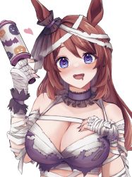 Rule 34 | 1girl, animal ears, bandaged hand, bandaged head, bandages, bare shoulders, black nails, blue eyes, blush, bow, breasts, brown hair, choker, cleavage, commentary, commentary request, drooling, fangs, frills, hair between eyes, halloween costume, hand on own chest, hand up, heart, heart-shaped pupils, highres, holding, holding rattle, horse ears, large breasts, long hair, looking at viewer, mummy costume, nail polish, official alternate costume, open mouth, rattle, ribbon choker, sidelocks, simple background, solo, super creek (chiffon ribbon mummy) (umamusume), super creek (umamusume), symbol-shaped pupils, torn clothes, toy, umamusume, upper body, white background, yamaro emo pvc