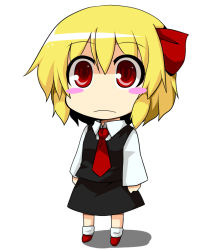 Rule 34 | 1girl, bad id, bad pixiv id, blonde hair, blush stickers, chibi, d-so, embodiment of scarlet devil, female focus, frown, full body, rumia, shoes, simple background, socks, solo, standing, touhou, white background