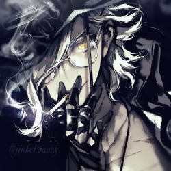 Rule 34 | 1boy, bespectacled, cigarette, closed mouth, edmond dantes (fate), fate/grand order, fate (series), fedora, glasses, gloves, hair over one eye, hat, highres, holding, koshika rina, long hair, looking at viewer, male focus, smile, smoking, solo, wavy hair, white hair, yellow eyes