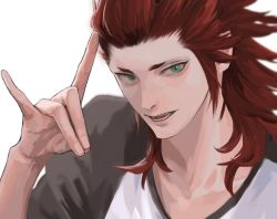 Rule 34 | 1boy, \n/, axel (kingdom hearts), black shirt, green eyes, hair slicked back, kingdom hearts, long hair, looking at viewer, lower teeth only, male focus, mukashino, parted lips, raglan sleeves, red hair, shirt, sideburns, smile, solo, spiked hair, teeth, two-tone shirt, upper body, upper teeth only, white background, white shirt
