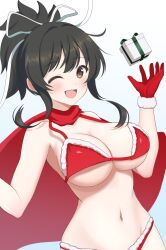Rule 34 | 1girl, ;d, armpits, asuka (senran kagura), bare shoulders, bikini, black hair, blue background, box, breasts, brown eyes, cape, cleavage, collarbone, fur-trimmed bikini, fur-trimmed gloves, fur trim, gift, gift box, gloves, gradient background, hair ribbon, highres, large breasts, long hair, looking at viewer, navel, one eye closed, open mouth, red bikini, red cape, red gloves, ribbon, senran kagura, sidelocks, smile, solo, strap gap, surippa1010, swimsuit, teeth, underboob, upper body, upper teeth only, white background, white ribbon