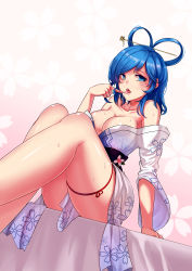 Rule 34 | 1girl, absurdres, bare shoulders, blue eyes, blue hair, breasts, cleavage, hair ornament, hair rings, hair stick, highres, japanese clothes, kaku seiga, kimono, koissa, large breasts, matching hair/eyes, mole, mole under eye, saliva, short hair, sitting, solo, sweat, tongue, tongue out, touhou
