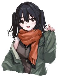 Rule 34 | 1girl, black hair, blush, breasts, brown eyes, highres, jacket, kamisuiori, kantai collection, long sleeves, looking at viewer, medium breasts, off shoulder, official alternate costume, open clothes, open jacket, open mouth, orange scarf, scarf, sendai (kancolle), signature, simple background, sleeves past wrists, solo, two side up, white background