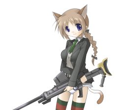 Rule 34 | 00s, 1girl, animal ears, anti-materiel rifle, bad id, bad pixiv id, blonde hair, braid, cat ears, cat tail, gun, holding, holding weapon, long sleeves, looking at viewer, lynette bishop, panties, rifle, single braid, sniper rifle, solo, strike witches, tail, tareme, thighhighs, underwear, weapon, white panties, world witches series, yoshizawa hikoto
