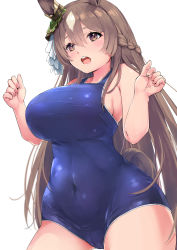 Rule 34 | 1girl, :o, absurdres, animal ears, arms up, blue one-piece swimsuit, blush, braid, breasts, brown eyes, brown hair, cameltoe, commentary request, covered navel, curvy, hair between eyes, hair ornament, half updo, highres, horse ears, horse girl, huge breasts, kntrs (knyrs), large breasts, long hair, one-piece swimsuit, open mouth, satono diamond (umamusume), school swimsuit, sideboob, simple background, solo, swimsuit, taut clothes, taut swimsuit, teeth, umamusume, upper teeth only, very long hair, white background, wide hips