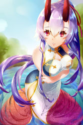 Rule 34 | 1girl, bare shoulders, breast hold, breasts, china dress, chinese clothes, cleavage cutout, clothing cutout, commentary request, crossed arms, dress, fate/grand order, fate (series), hair between eyes, heroic spirit traveling outfit, highres, horns, large breasts, long hair, looking at viewer, oni horns, outdoors, parted lips, partially submerged, ponytail, purple hair, red eyes, rubysp 720, solo, standing, tomoe gozen (fate), tomoe gozen (traveling outfit) (fate), very long hair, wading, water