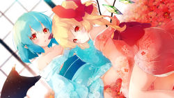 Rule 34 | 2girls, alternate costume, bare shoulders, bat wings, blonde hair, blue hair, blue kimono, blue sash, blush, bow, collarbone, commentary request, crystal, dutch angle, feet out of frame, flandre scarlet, floral print, flower, gengetsu chihiro, hair between eyes, hair bow, highres, japanese clothes, kimono, light particles, long hair, looking at viewer, multiple girls, no headwear, obi, off shoulder, one side up, open mouth, pointy ears, red bow, red eyes, red flower, red kimono, red sash, remilia scarlet, sash, short hair, short kimono, siblings, sidelocks, sisters, sitting, smile, thighs, touhou, window, wings