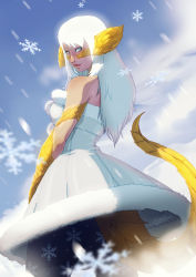 Rule 34 | 10s, 1girl, au ra, bare shoulders, blue eyes, dragon girl, dragon horns, dragon tail, dress, final fantasy, final fantasy xiv, from behind, fur trim, highres, horns, lips, long hair, looking back, nose, pantyhose, print pantyhose, scales, snow, snowflake print, snowflakes, snowing, solo, strapless, strapless dress, tail, tovio rogers, warrior of light (ff14), white dress, white hair