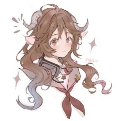Rule 34 | 1girl, animal ears, arknights, brown eyes, brown hair, brown neckerchief, brown sailor collar, closed mouth, commentary request, cropped torso, eyjafjalla (arknights), headphones, headphones around neck, headset, highres, horns, long hair, longyue170, looking at viewer, neckerchief, portrait, procreate (medium), sailor collar, sheep ears, sheep girl, sheep horns, solo, sparkle, upper body, wavy mouth