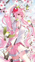 Rule 34 | 1girl, ahoge, arms behind back, bird, cherry blossoms, cherry hair ornament, closed mouth, commentary request, detached sleeves, fingernails, flower, food-themed hair ornament, from behind, hair ornament, hatsune miku, highres, light brown hair, long hair, looking at viewer, nail polish, nardack, necktie, petals, pink hair, pink nails, pink necktie, pink thighhighs, pleated skirt, red eyes, sakura miku, skirt, smile, solo, thighhighs, thighs, very long hair, vocaloid, zettai ryouiki