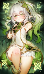 Rule 34 | 1girl, absurdres, bare shoulders, blush, bracelet, braid, breasts, cape, crown braid, dress, genshin impact, gradient hair, green cape, green eyes, green hair, hair ornament, highres, jewelry, leaf hair ornament, long hair, looking at viewer, m-da s-tarou, multicolored hair, nahida (genshin impact), pointy ears, side ponytail, sidelocks, sleeveless, sleeveless dress, small breasts, smile, solo, symbol-shaped pupils, thighs, white dress, white hair
