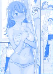 Rule 34 | !, !?, 1boy, 3girls, ?, bag, belt, blue theme, blush, bow, bow panties, breasts, classroom, cleavage, commentary request, covering privates, covering breasts, curtains, desk, esper-chan (tawawa), frown, getsuyoubi no tawawa, glasses, highres, large breasts, long hair, multiple girls, navel, nose blush, open mouth, panties, pants, ponytail, school bag, school desk, shoes, short hair, spoken exclamation mark, sweat, tearing up, tears, topless, underwear, unworn panties