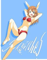 Rule 34 | 00s, 1girl, animal ears, barefoot, bikini, charlotte e. yeager, feet, hamao, long legs, navel, open fly, rabbit ears, rabbit girl, red bikini, short shorts, shorts, solo, strike witches, swimsuit, unzipped, world witches series