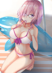 Rule 34 | 1girl, adapted costume, barefoot, bikini, breasts, cleavage, fate/grand order, fate (series), glasses, hair over one eye, highres, inflatable dolphin, inflatable toy, kazuha (saku kn), looking at viewer, mash kyrielight, mash kyrielight (swimsuit of perpetual summer), medium breasts, mouth hold, navel, official alternate costume, purple eyes, purple hair, short hair, solo, swimsuit, white bikini