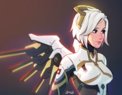 Rule 34 | 1girl, blue eyes, blurry, blurry background, bodysuit, breasts, closed mouth, commentary, depth of field, english commentary, halo, lavelis, mechanical halo, mechanical wings, medium breasts, mercy (overwatch), overwatch, overwatch 2, signature, smile, solo, upper body, white hair, wings