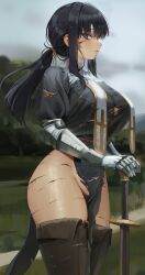 Rule 34 | 1girl, absurdres, black eyes, black hair, blood, blood on face, blurry, blurry background, boots, breasts, closed mouth, cuts, day, from side, gauntlets, gompang 11, highres, holding, holding sword, holding weapon, injury, large breasts, long hair, looking at viewer, no panties, nun, original, outdoors, planted, planted sword, planted weapon, ponytail, sideways glance, solo, sword, thigh boots, weapon