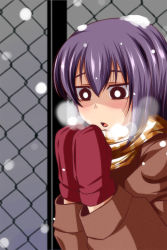 Rule 34 | 1girl, blue hair, breath, fence, heavy breathing, highres, long hair, mittens, nishi koutarou, open mouth, original, scarf, solo, upper body