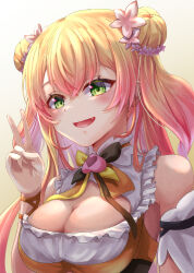 Rule 34 | 1girl, absurdres, arm garter, bare shoulders, bell, blonde hair, bow, bowtie, breasts, cleavage, cleavage cutout, clothing cutout, detached sleeves, double bun, fang, flower, frilled shirt, frills, gradient hair, green eyes, hair bun, hair flower, hair ornament, highres, hololive, jingle bell, large breasts, light blush, long hair, looking at viewer, momosuzu nene, multicolored bow, multicolored bowtie, multicolored hair, neck bell, open mouth, orange shirt, peach ornament, pink hair, shirt, sleeveless, sleeveless shirt, solo, two side up, upper body, v, virtual youtuber, yam (yam6056)