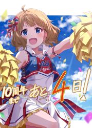 Rule 34 | 1girl, ahoge, arm strap, blue eyes, blue jacket, blue sky, blush, bow, cheerleader, child, cloud, commentary request, confetti, drawstring, frilled skirt, frills, hair bow, hands up, highres, hood, hooded jacket, idolmaster, idolmaster million live!, idolmaster million live! theater days, jacket, kurobako bb, leg up, light brown hair, looking afar, official alternate costume, open mouth, pleated skirt, pom pom (cheerleading), print shirt, shirt, short hair, skirt, sky, sleeveless, sleeveless jacket, sleeveless shirt, smile, solo, suou momoko, thighs, wavy hair, white skirt