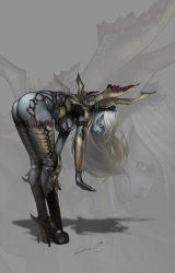 Rule 34 | 1girl, armor, ass, bent over, blue skin, breasts, colored skin, dark elf, dark elf (lineage 2), elf, green eyes, hair ornament, hairpin, high heels, highres, large breasts, laura sardinha, leaning, lineage, lineage 2, pointy ears, shoes, signature, silver hair, smile, solo, strap, underboob, wings