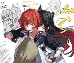 Rule 34 | 2girls, animal ear fluff, animal ears, arknights, black gloves, black hair, blush, brown shirt, chibi, chibi inset, closed eyes, collarbone, colored inner hair, exusiai (arknights), fingerless gloves, gloves, halo, highres, hug, hug from behind, jacket, long hair, long sleeves, multicolored hair, multiple girls, na tarapisu153, open clothes, open jacket, open mouth, red hair, shirt, short hair, simple background, speech bubble, texas (arknights), translation request, two-tone hair, upper body, v-shaped eyebrows, very long hair, white background, white jacket, wolf ears, yuri
